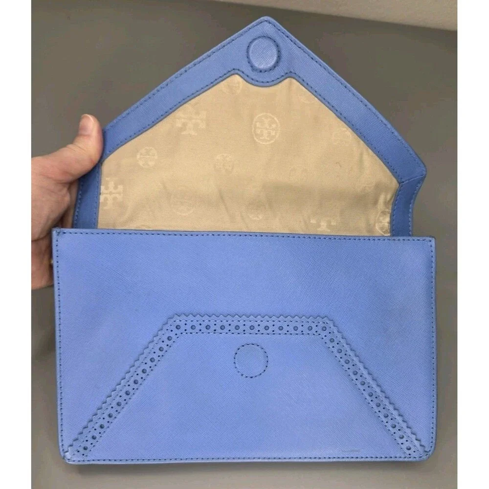 Tory Burch Envelope Clutch Crossbody Chain Purse Handbag Periwinkle Blue